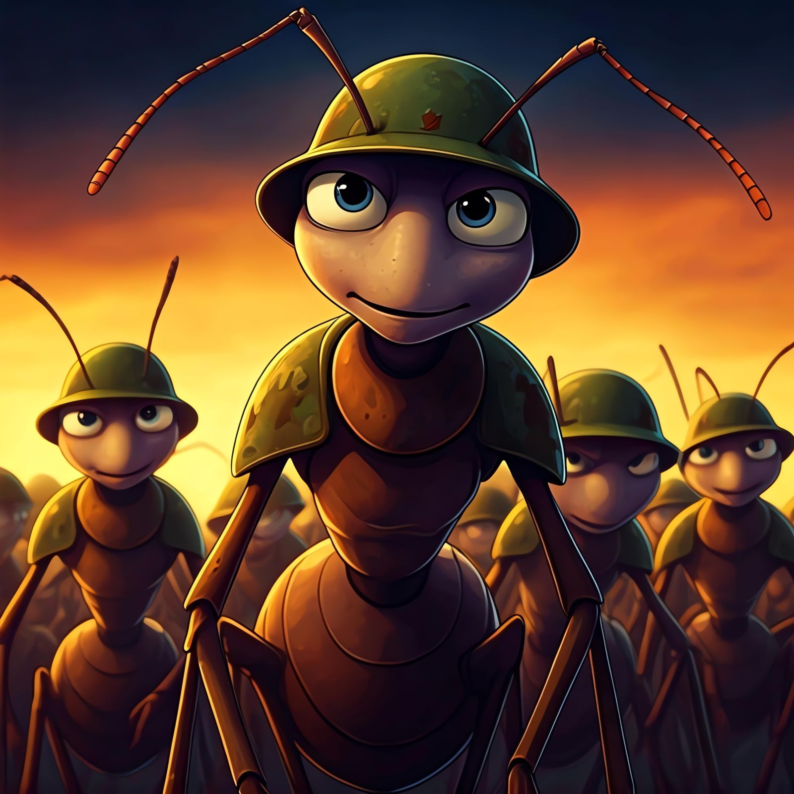Ants in Military Helmets: Cel-Shaded Anime Style
