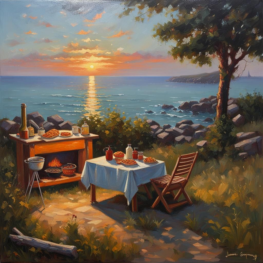 Seaside Camping at Sunset in Oil Painting Style