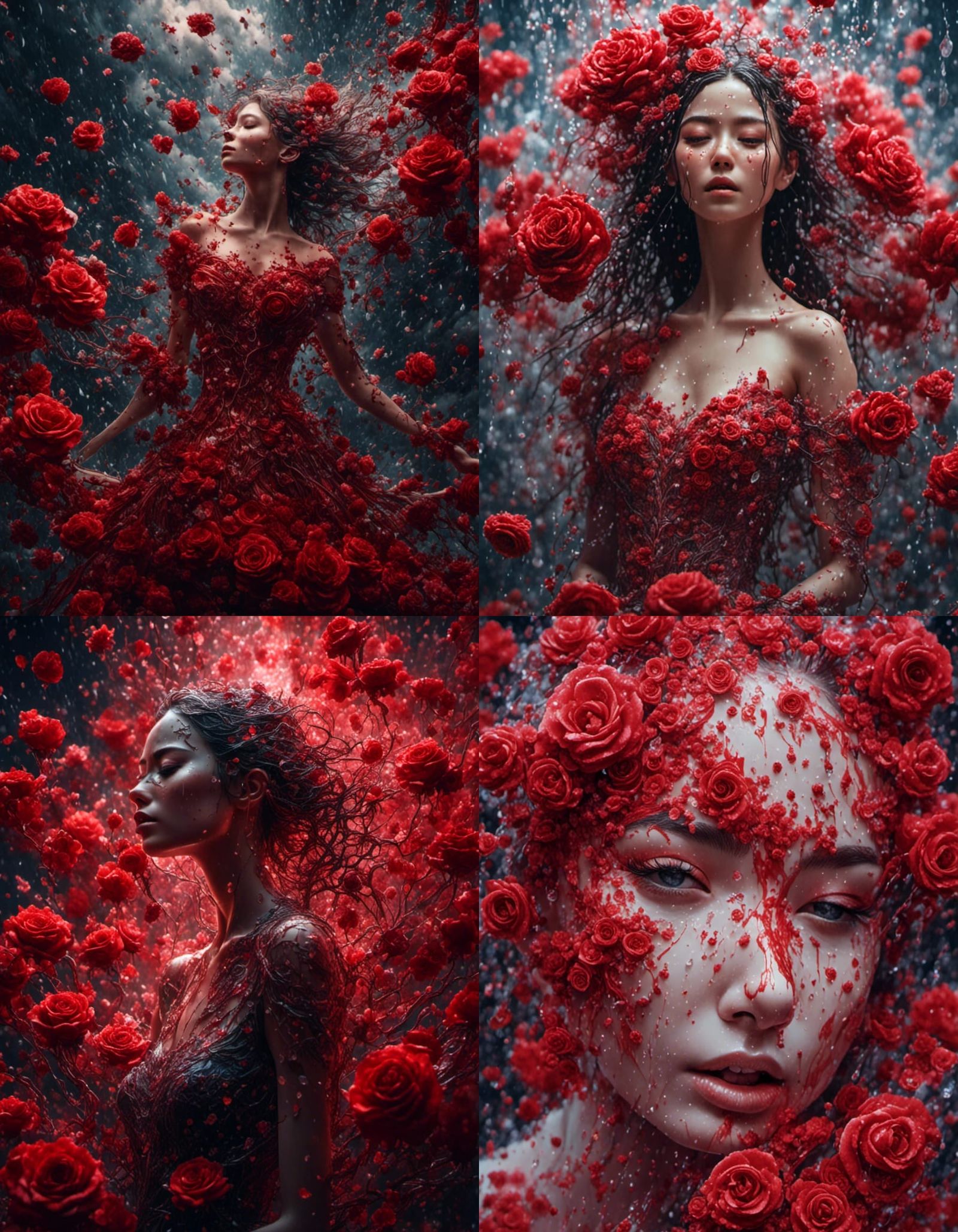 Hyperrealistic Ocean of Roses with Blood Rain