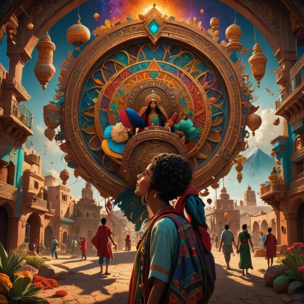 Family's Blissful Escape: Mexican-Moroccan Fantasy Art