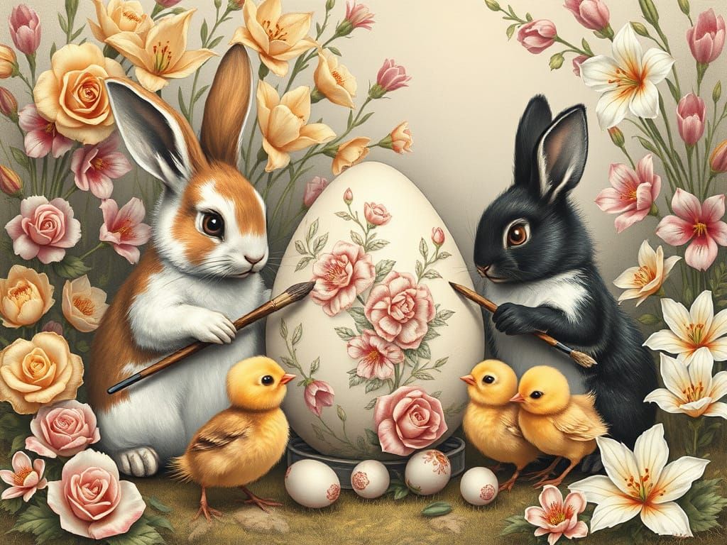 Bunnies and Chicks Painting Easter Eggs in Vintage Charcoal ...