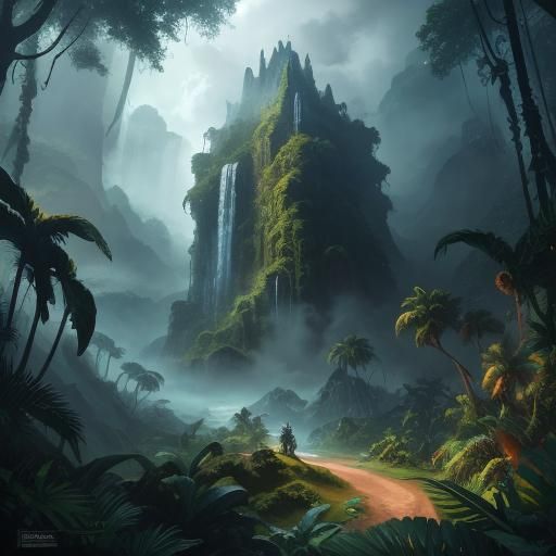 Unicorn and Human in a Fantastical Rainforest