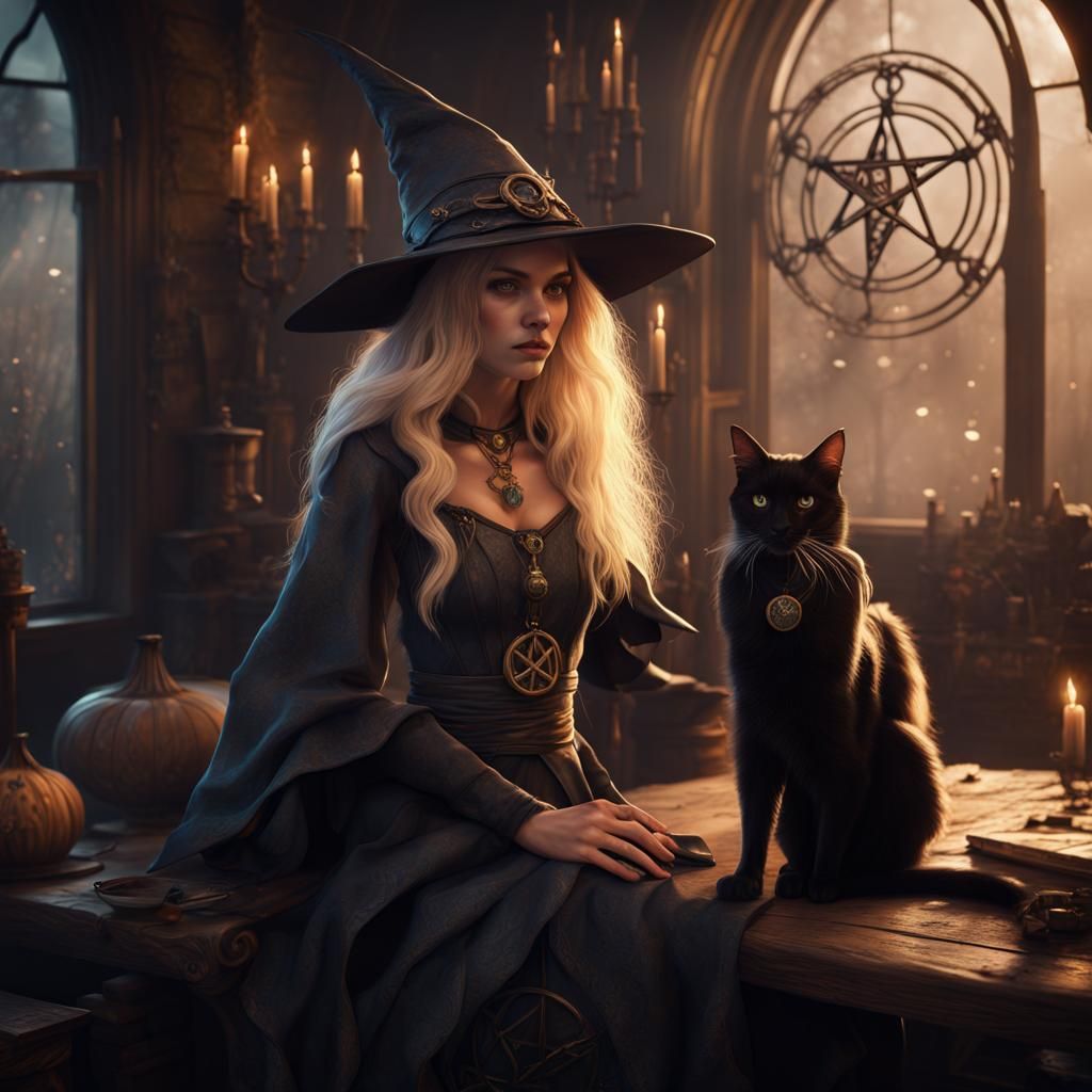 Blonde Witch with Pentagram and Cat: Fantasy Art