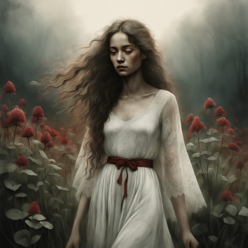 Ethereal Garden Goddess in Crimson Bloom