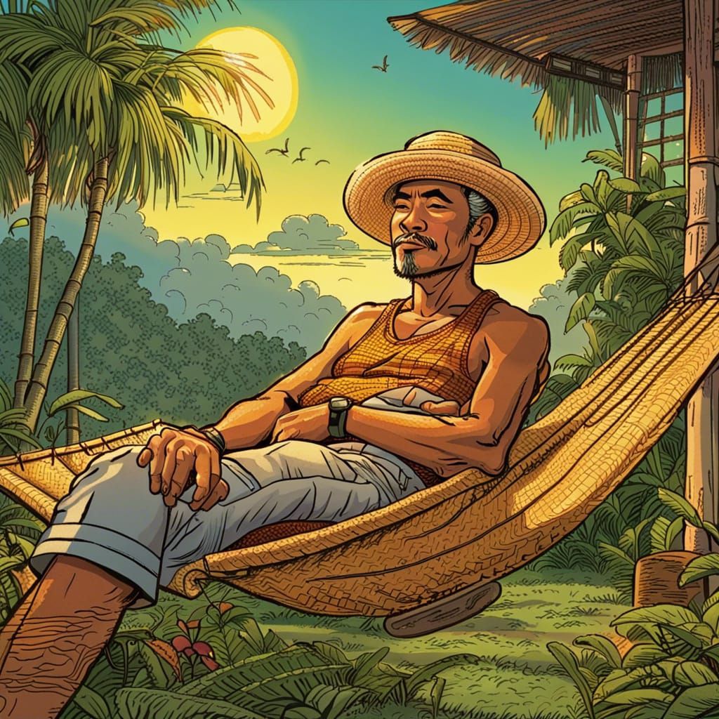 Vietnamese Man in Hammock, George Perez Art Style