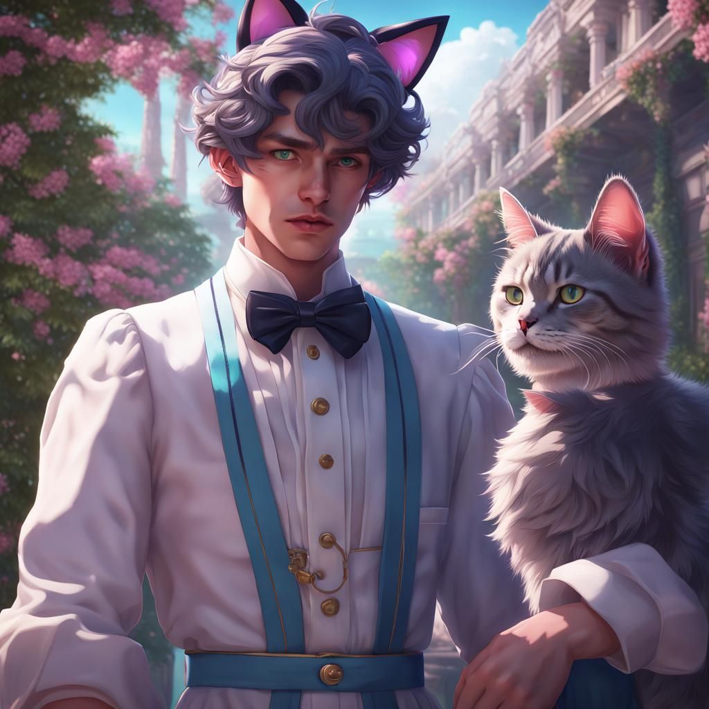 Vaporwave Maid Outfit with Cat Features, Detailed Art