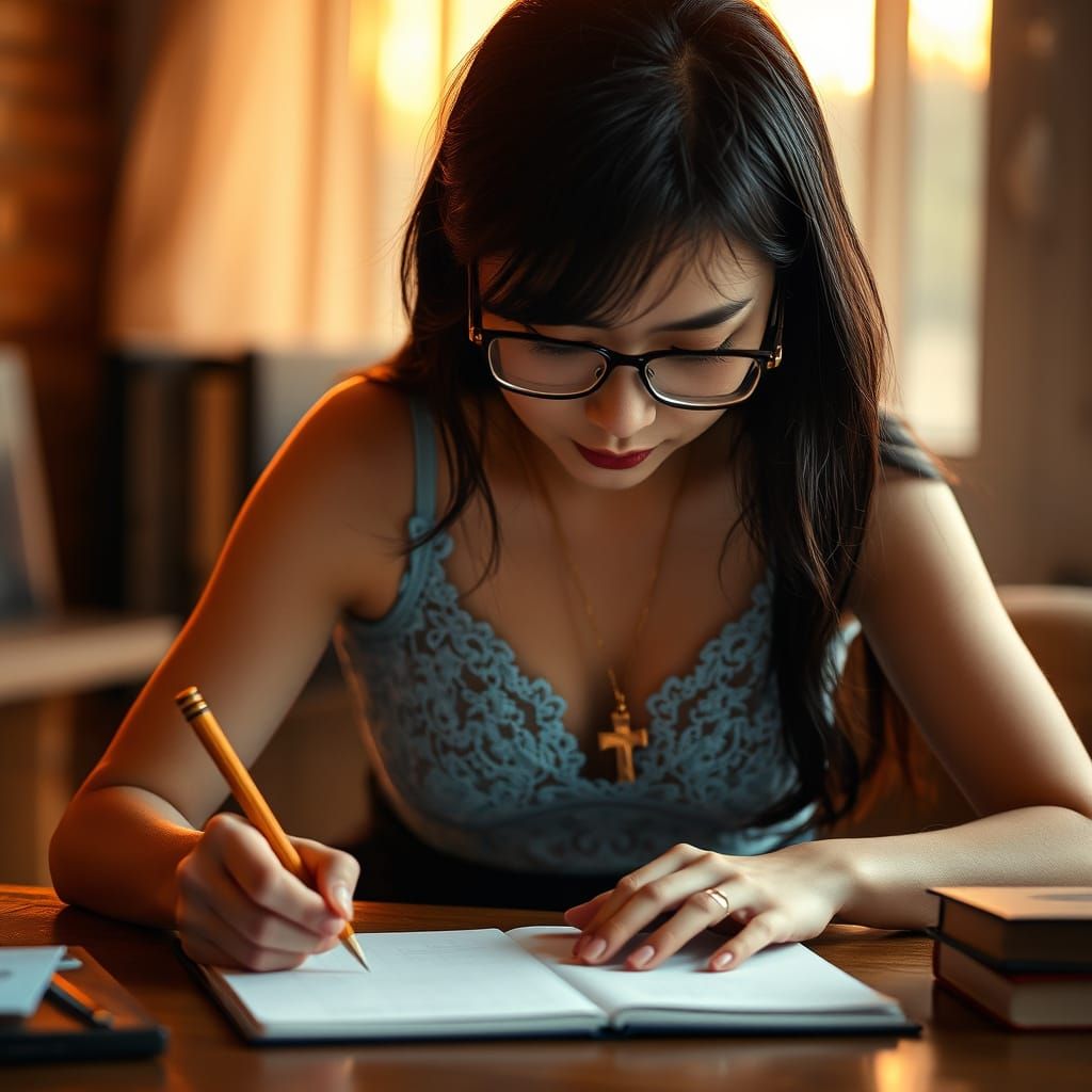 Korean Woman Writing at Desk in Golden Light