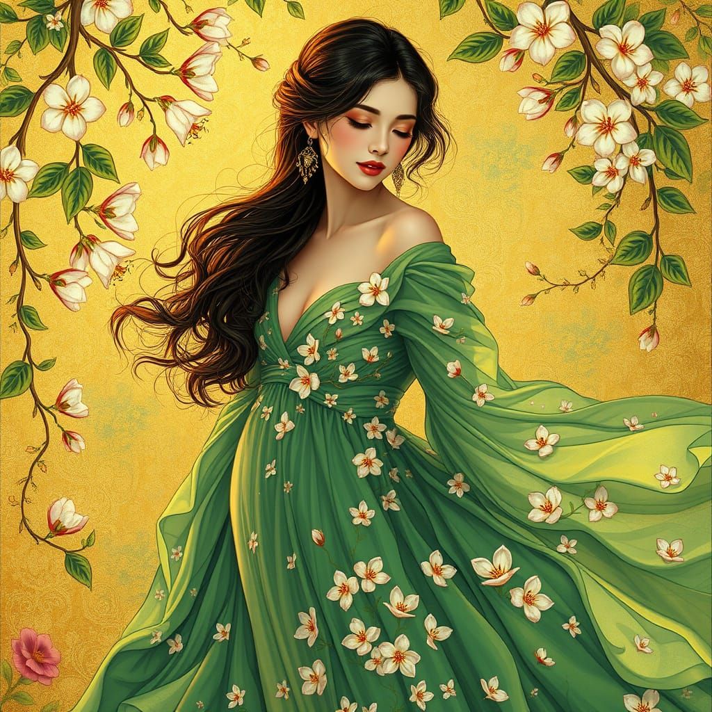 Exquisite Woman in Lush Garden-Inspired Gown