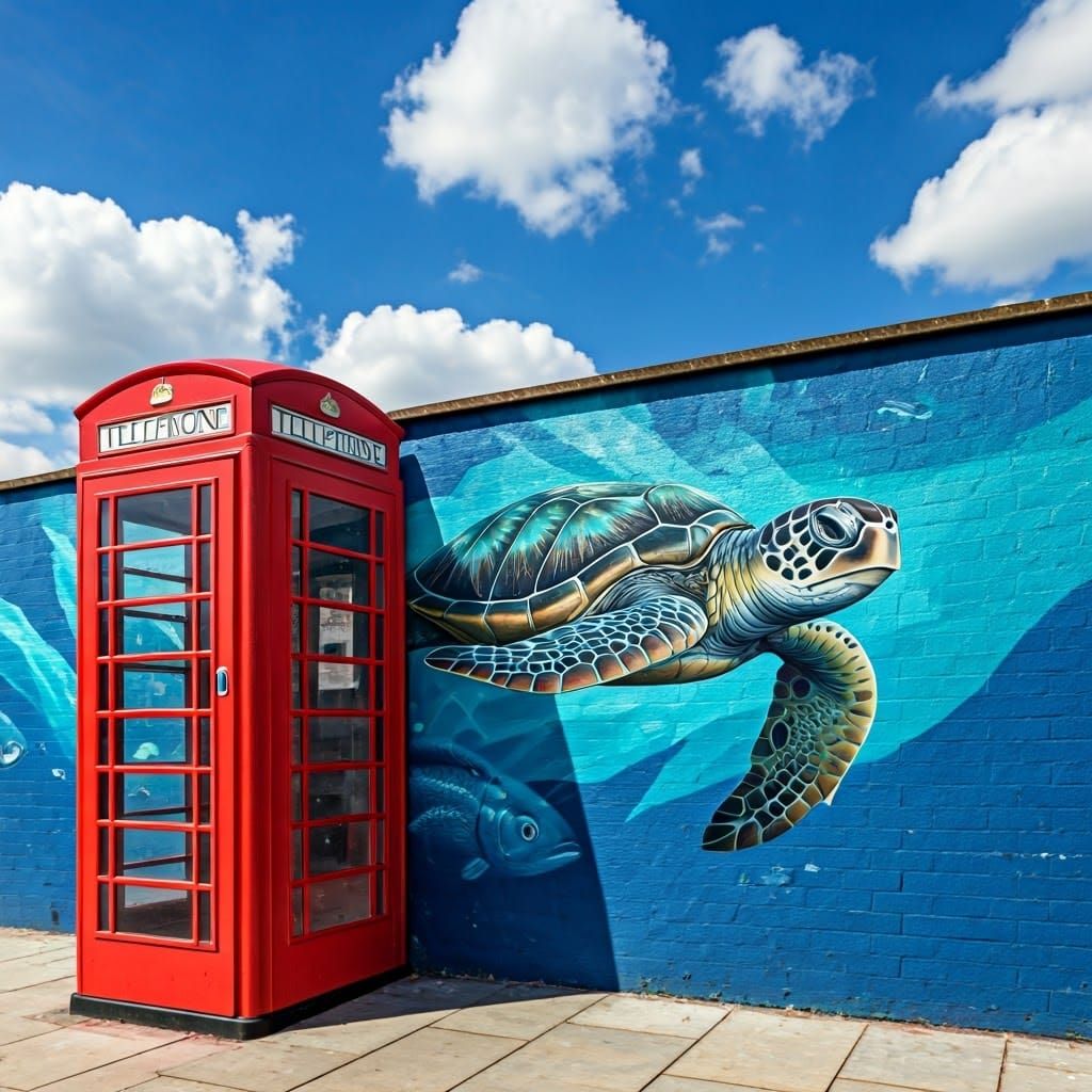 Street Art Mural with Fish, Turtle and Telephone Booth