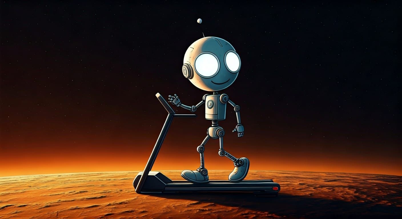 Robot Walks on Treadmill on Mars in Watercolor