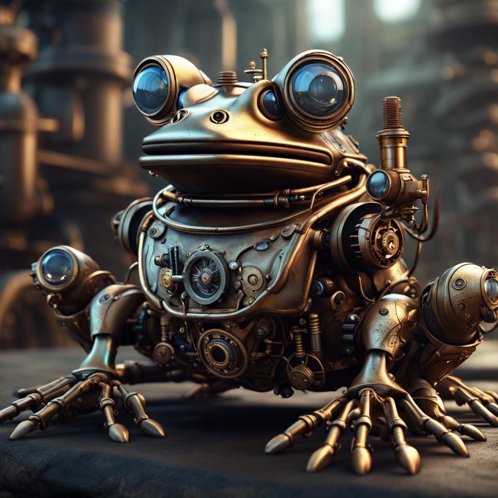 Steampunk Robot Frogs in Detailed Digital Painting