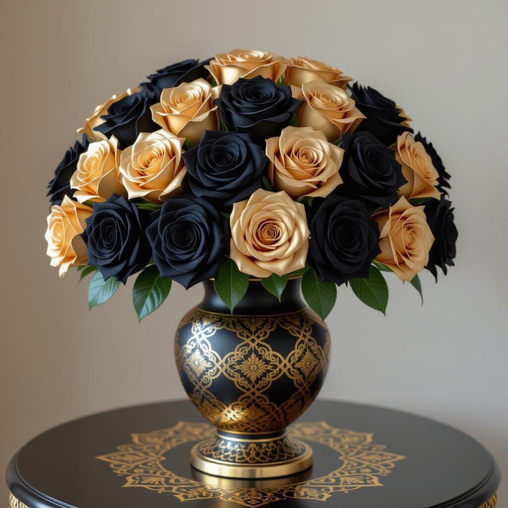 Elegant Black and Gold Roses in Ornate Vase