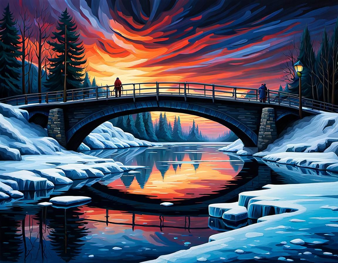 Icy Riverscape at Night with Bridge Reflection