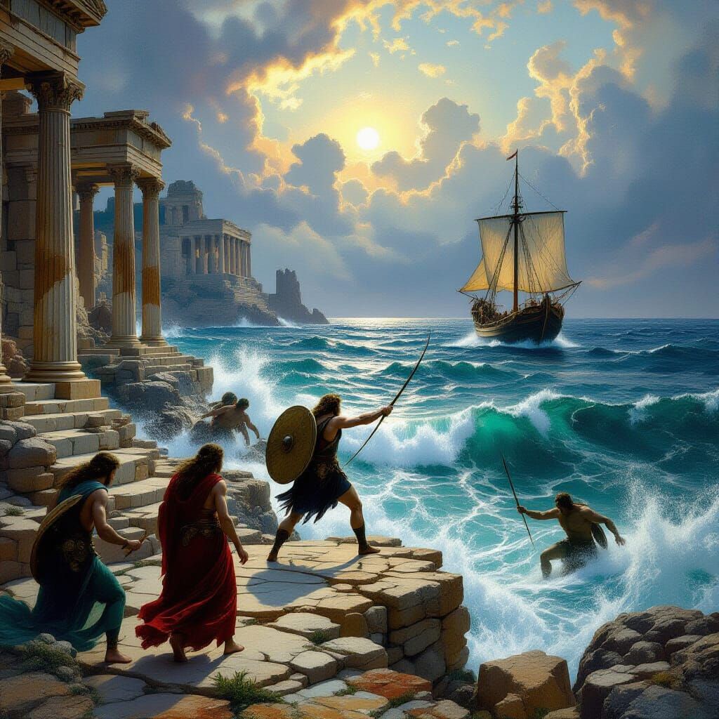 Odysseus' Epic Journey Through Ancient Ruins and Sea Battles