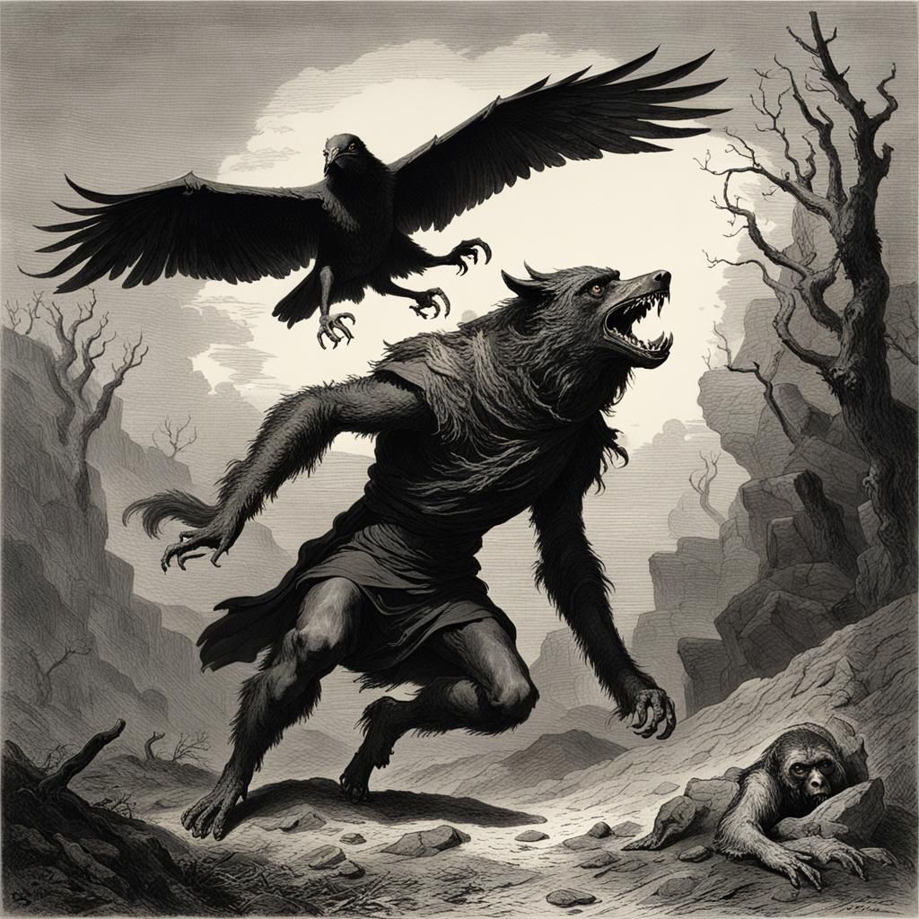 Terrifying Werewolf and Raven in Gothic Horror Style