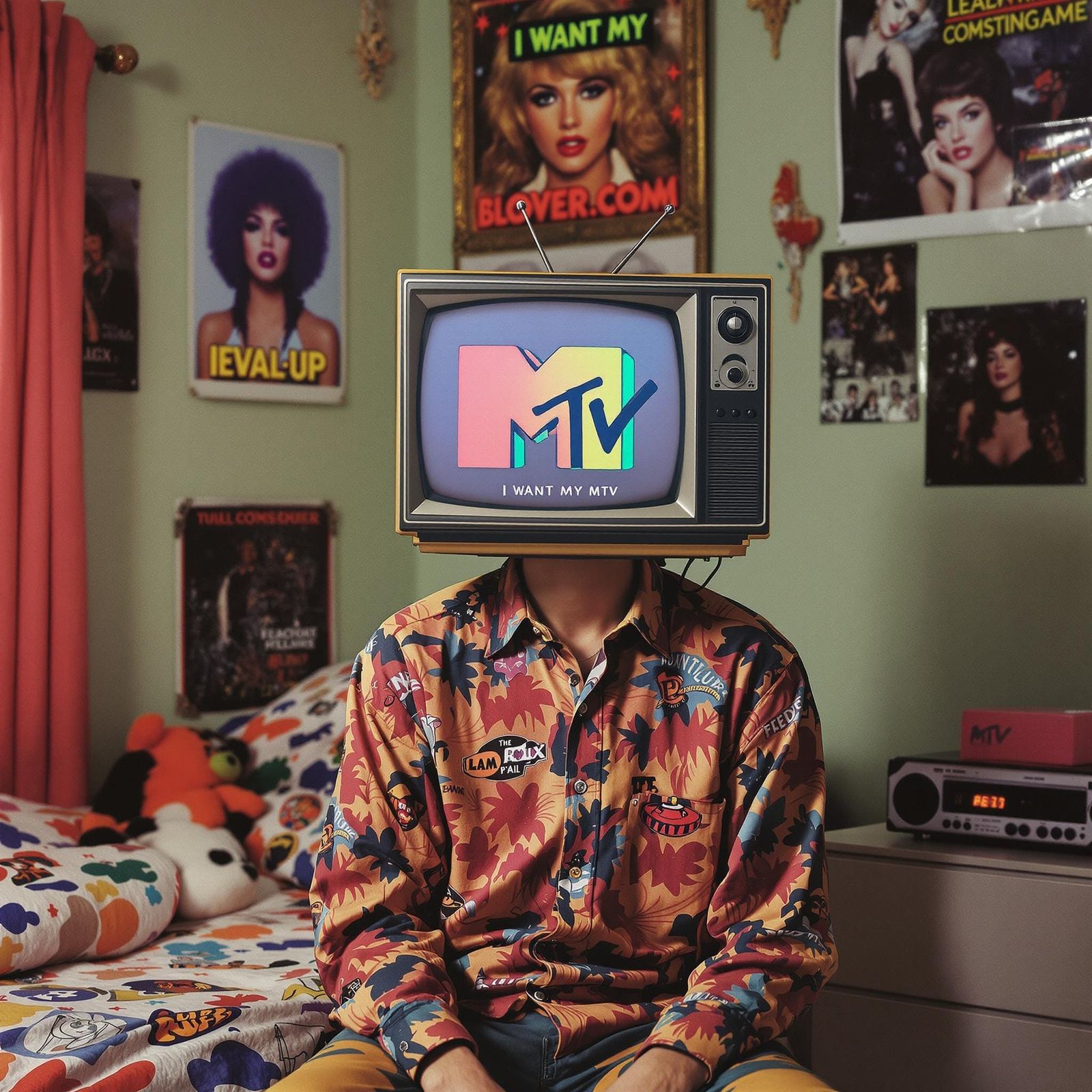 Teenage Boy Wears Colorful Clothing in 1980s Bedroom