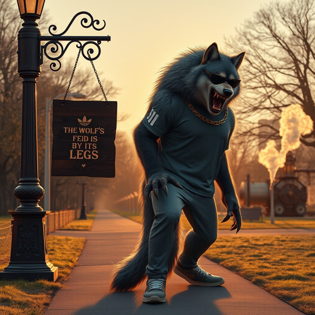 Steampunk Wolf in Adidas Sneakers by Lamppost