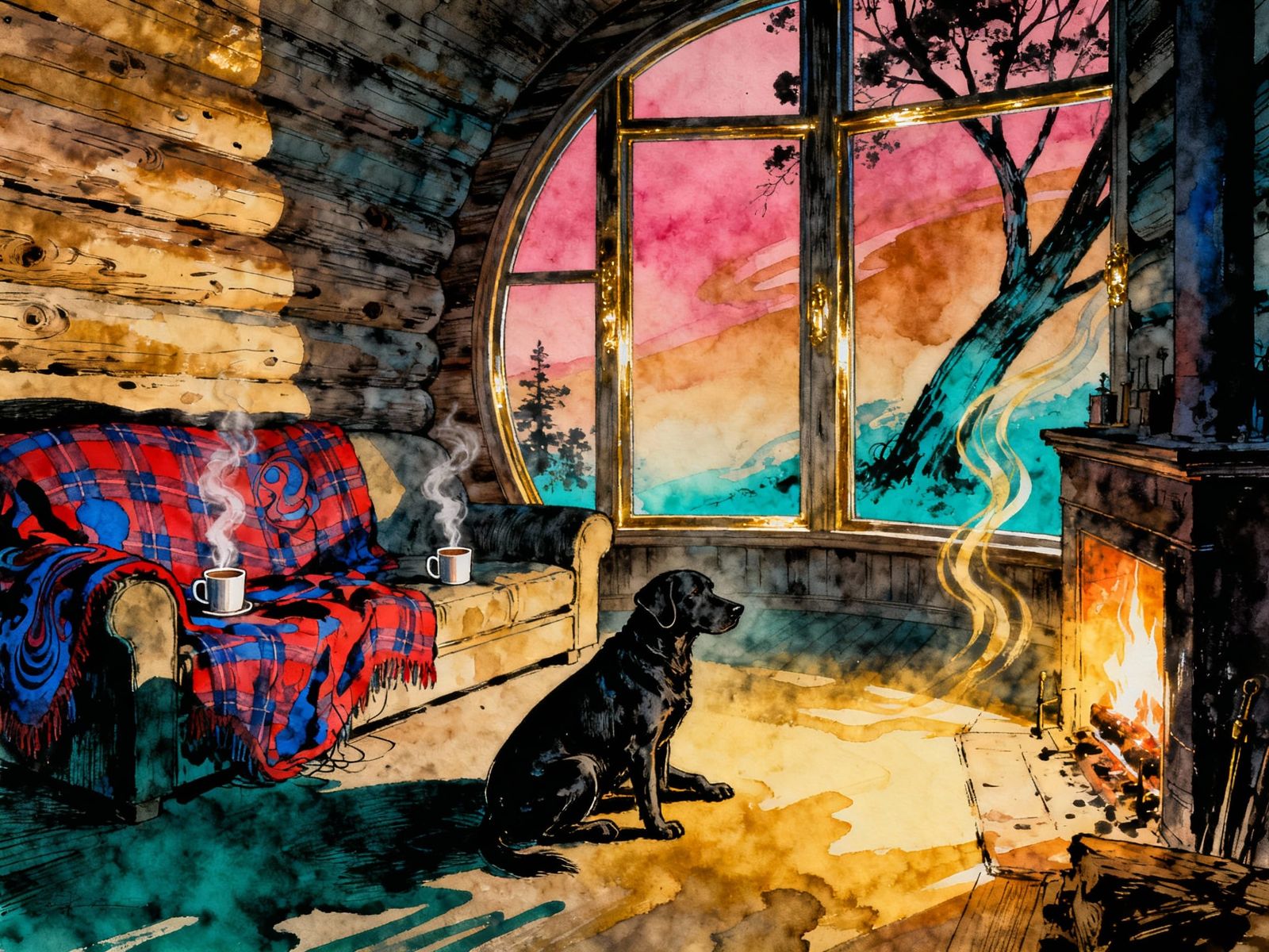 Warm Log Cabin Interior with Golden Firelight and Labrador