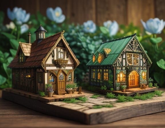 Whimsical Miniature Medieval Village in Steampunk Oil Painti...