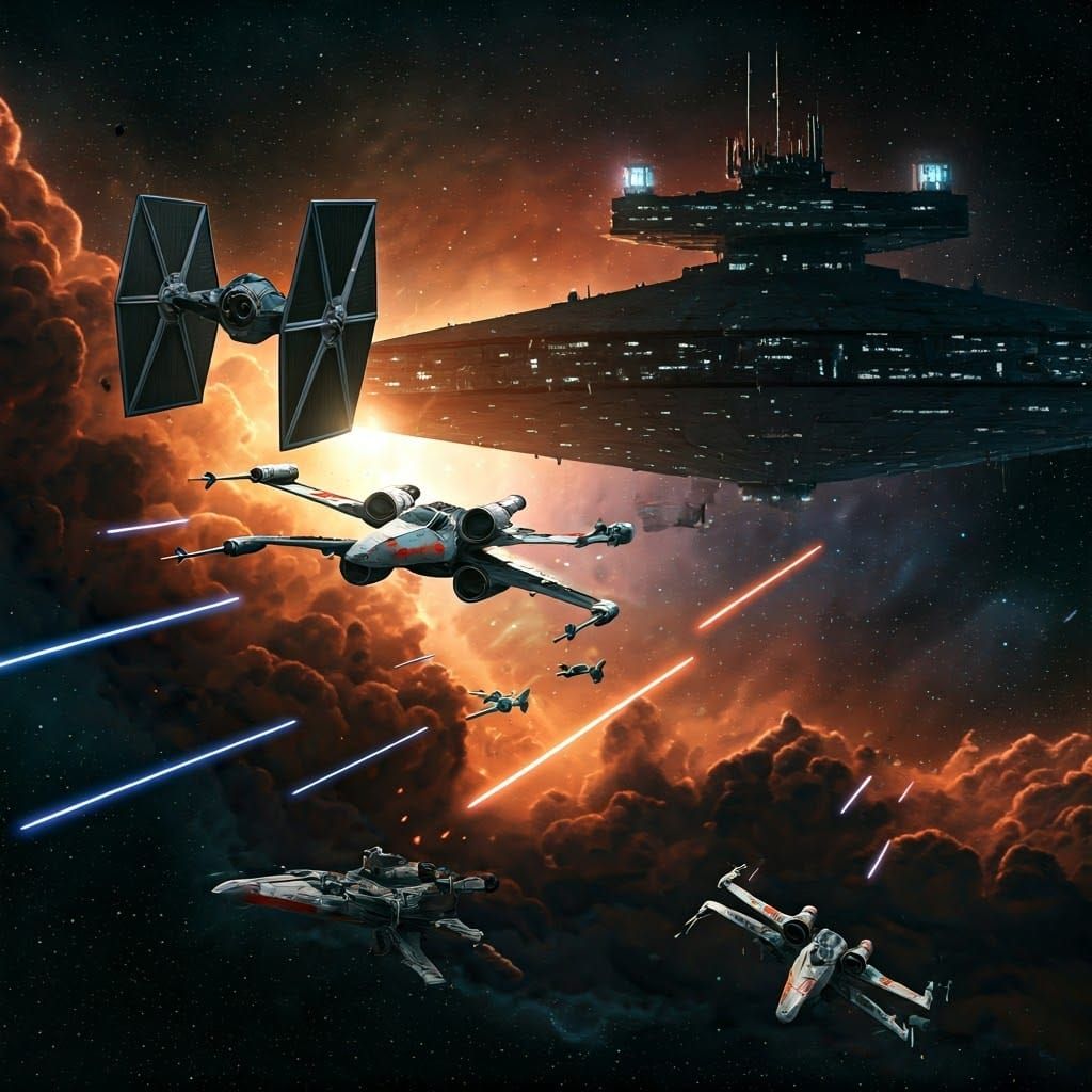 Epic Space Battle in Black and Orange Nebula