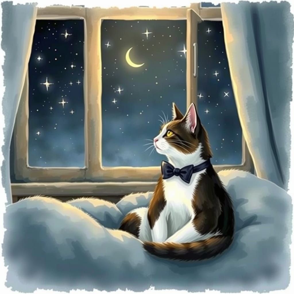 Cat Gazing at Moon, Watercolor Style