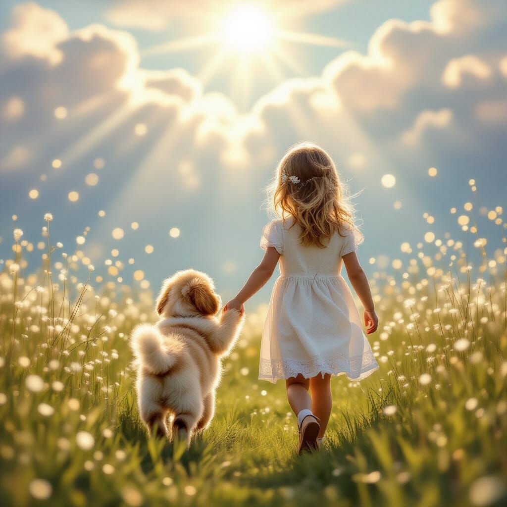 Girl and Puppy in Celestial Meadow with Sparkling Dots