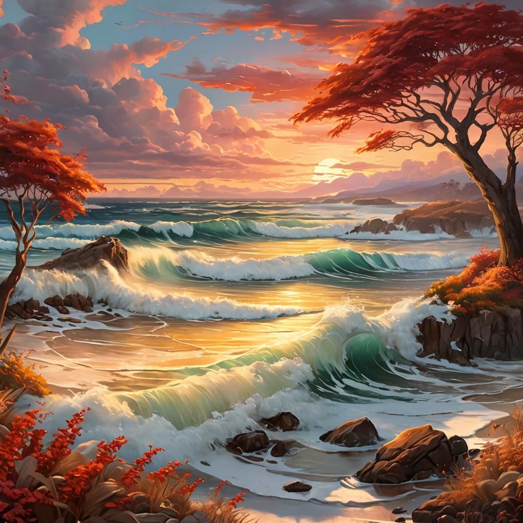 Winter Garden Overlooking Sea at Sunset, Fauvist Art