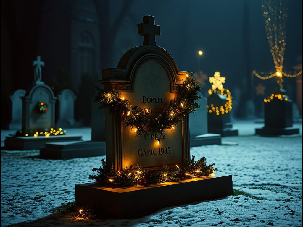 Christmas Gravestone in Snowy Cemetery at Night