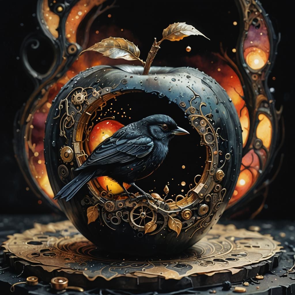 Steampunk Black Bird in Black Apple Watercolor