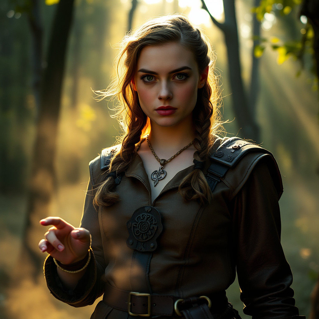 Fantasy Sorceress Casting Spell in Medieval Forest