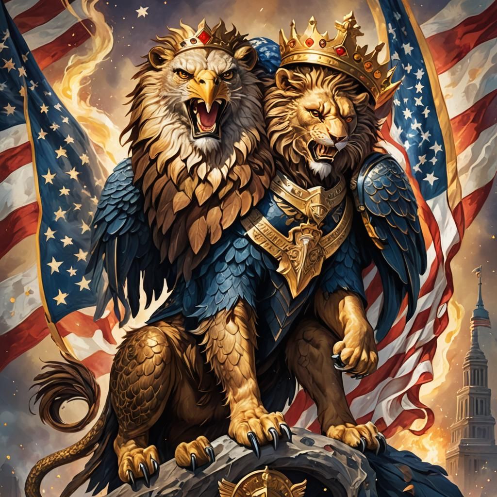 Majestic Lion-Eagle Creature with American Flag