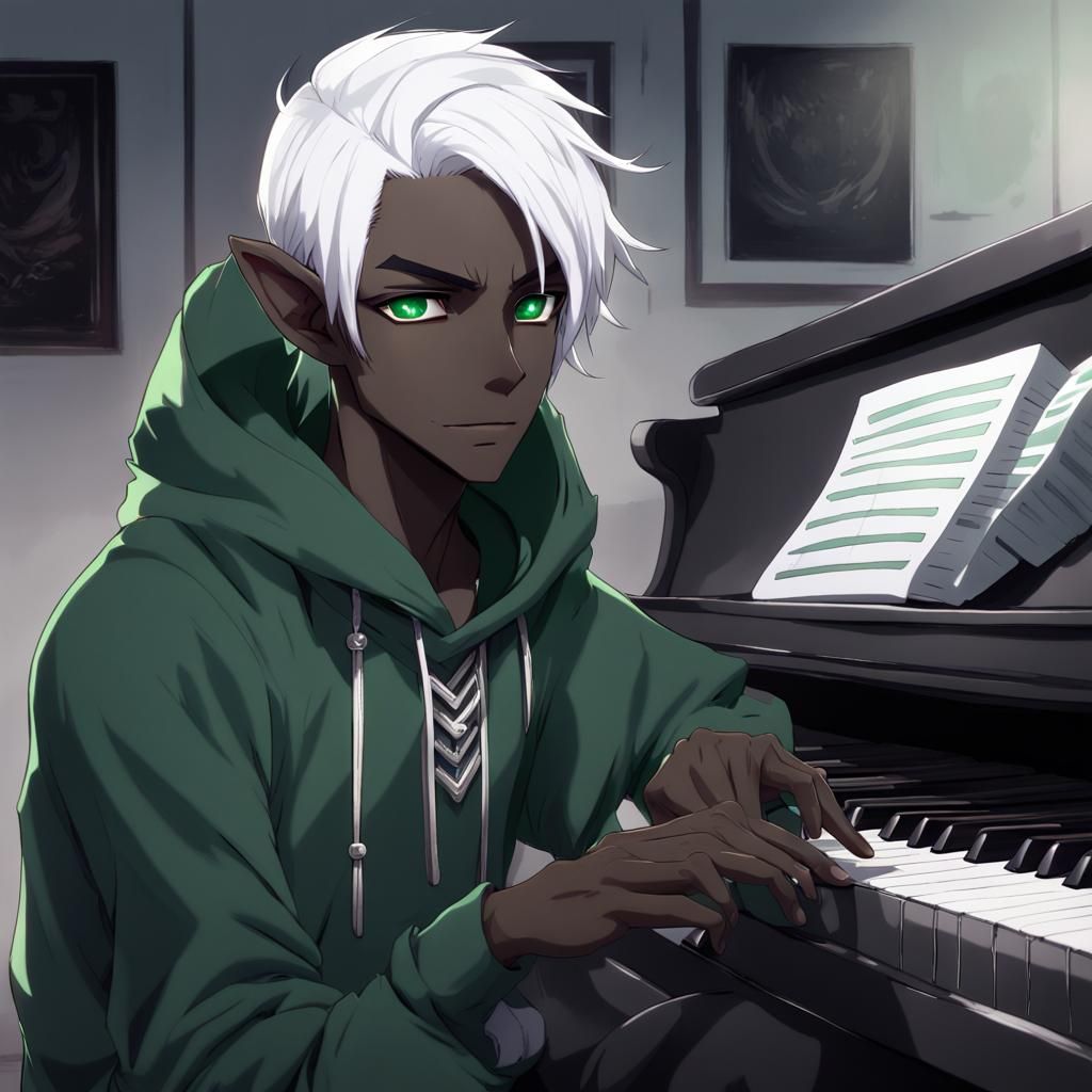 Drow Elf at Piano in Anime Style