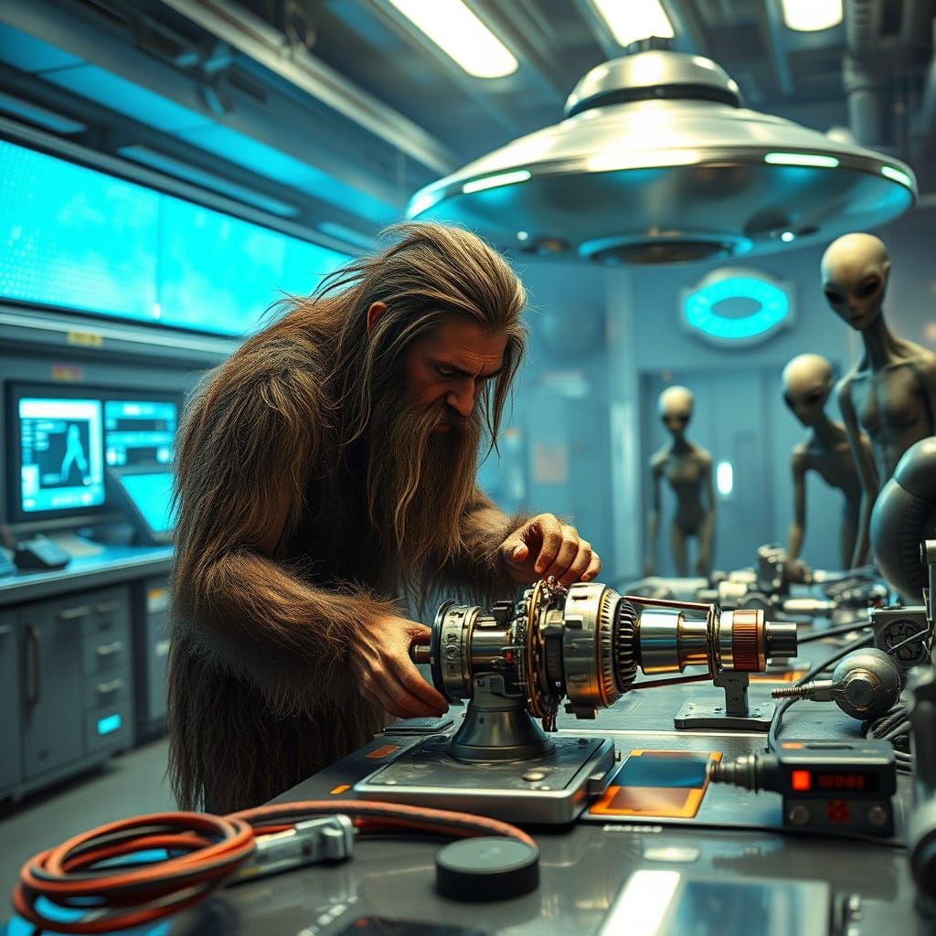 Caveman Genius Confronts Alien Invasion in High-Tech Lab