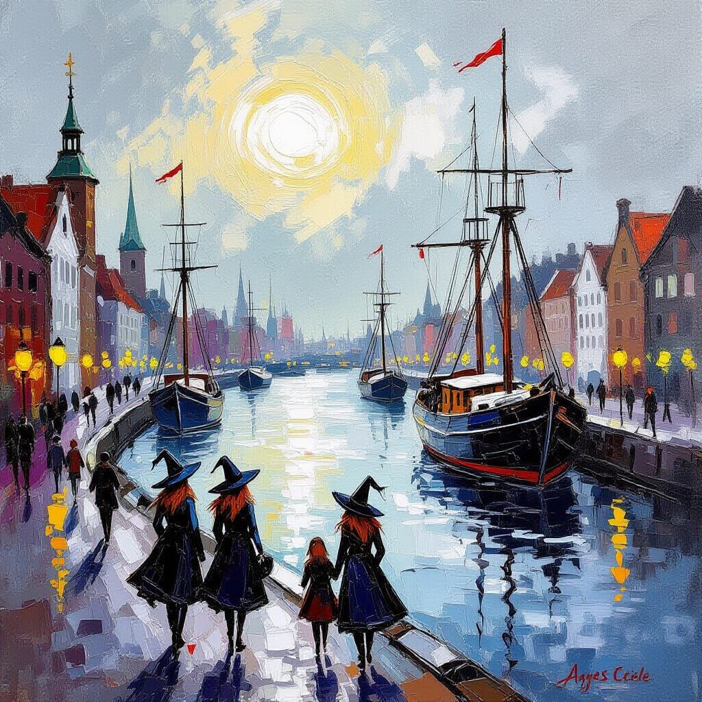 Witches Gathering at Hamburg Harbor, Impasto Illustration