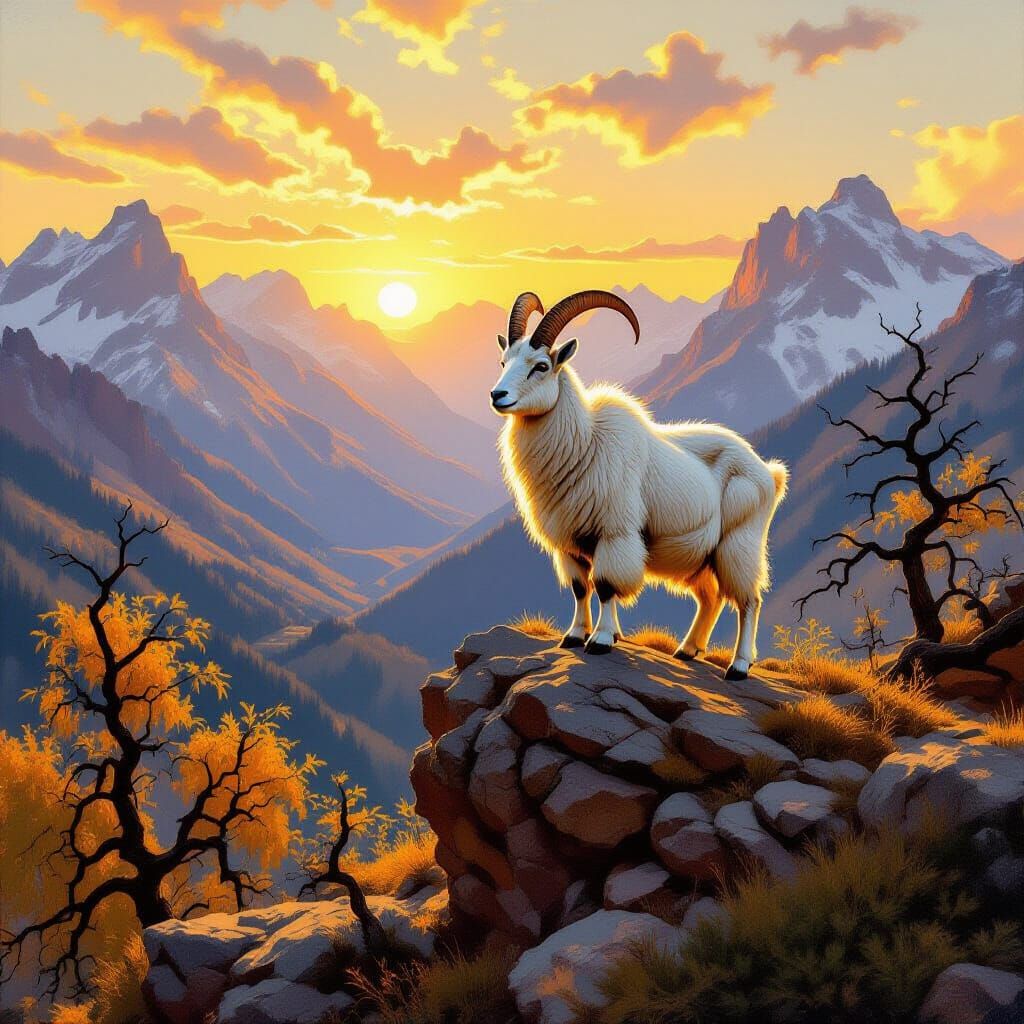 Majestic Mountain Goat Overlooking Valley at Sunset