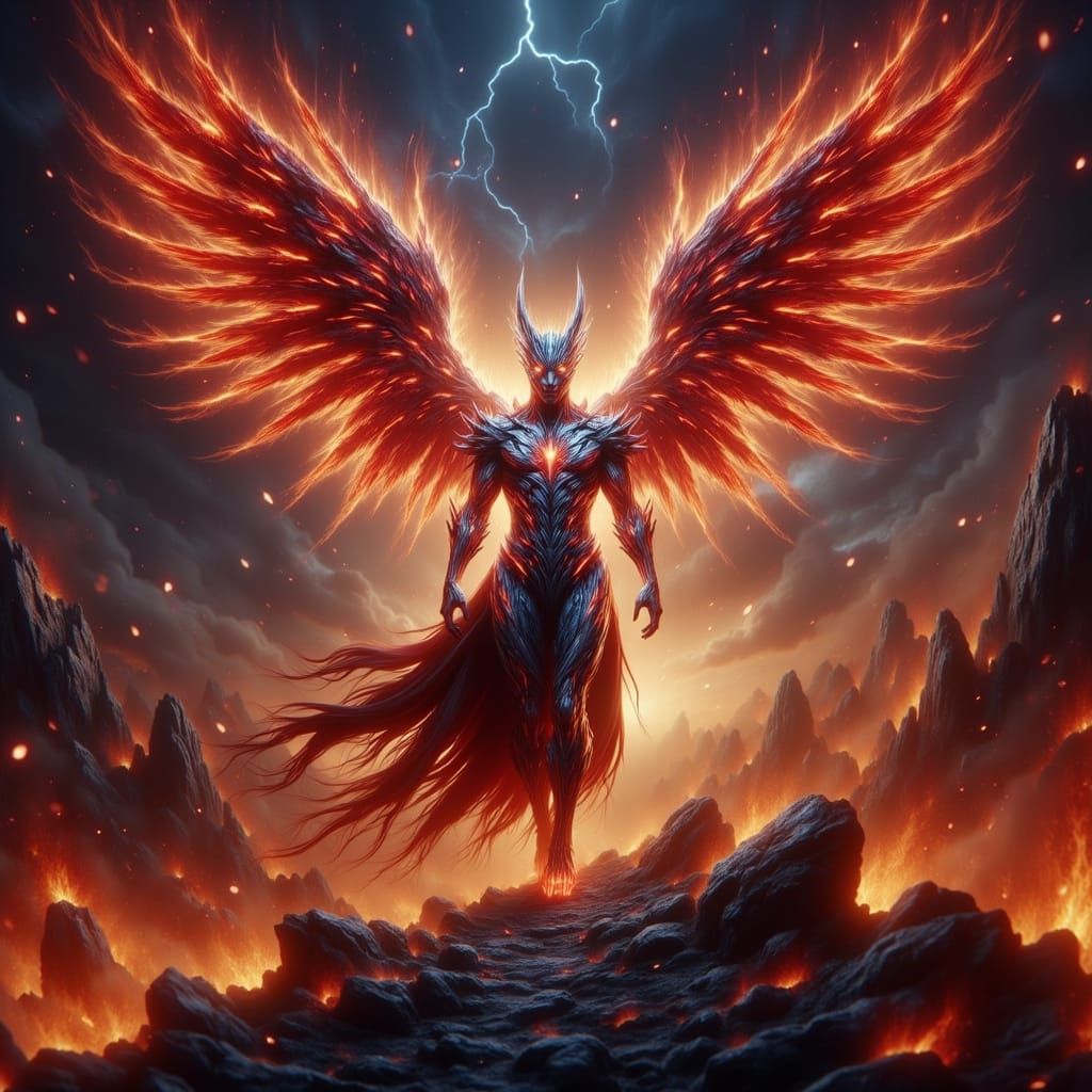 Shiny Armored Lucifer Soars Through Hellish Skies