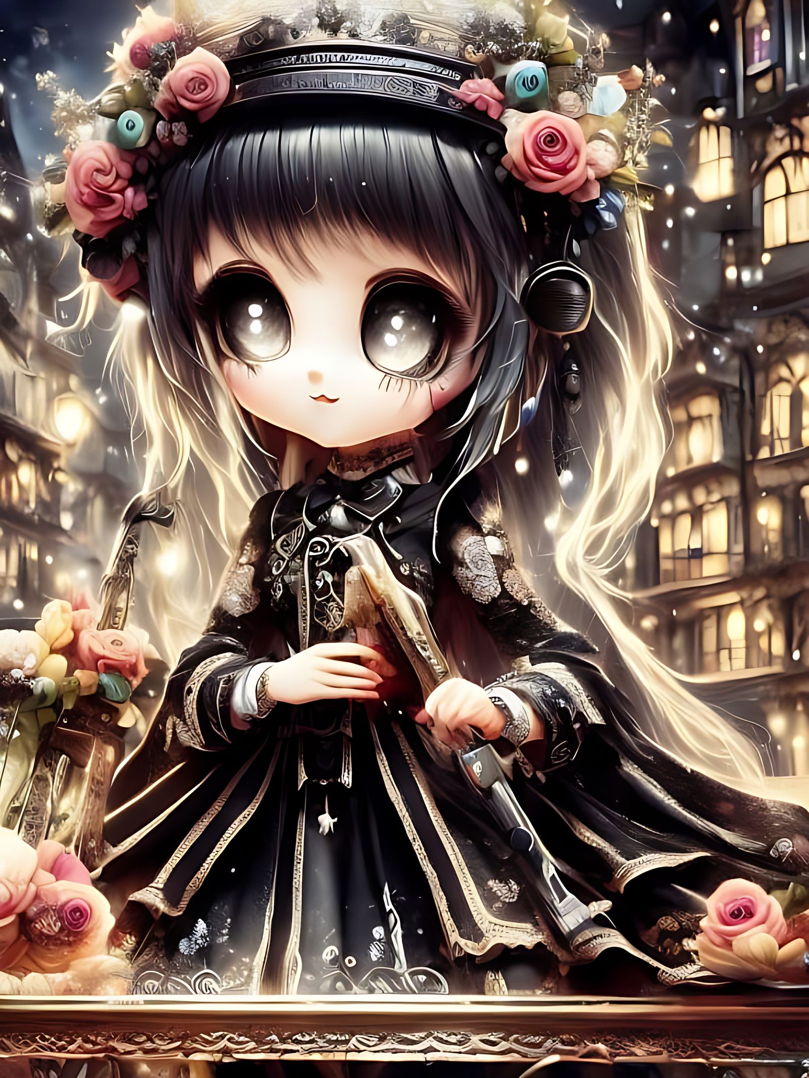 A Chibified Victorian era Gothpunk street waif with beautifu...