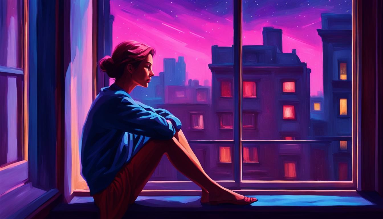 Woman Gazing at City Lights in Edward Hopper Style