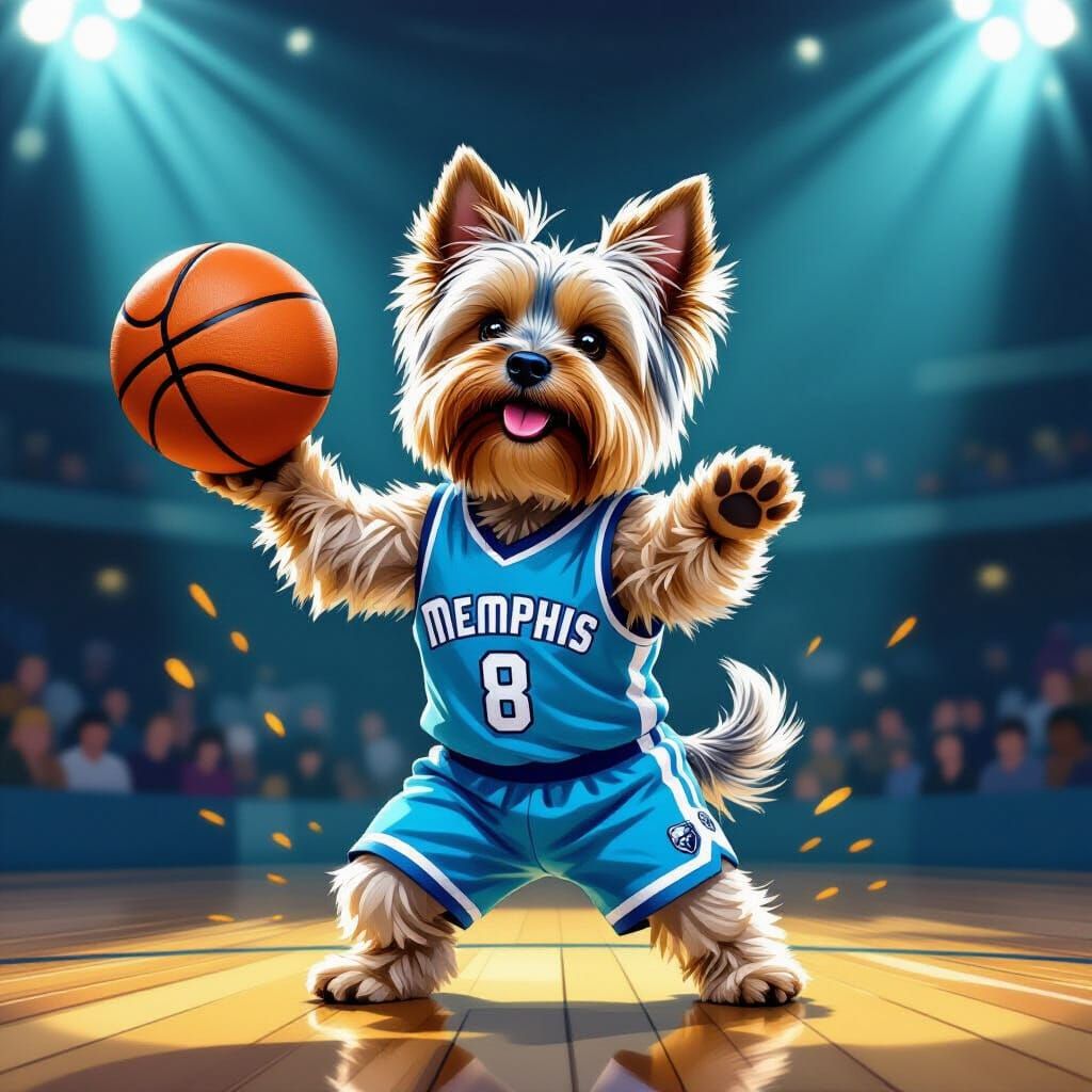 Yorkie Sinks Basketball Shot in Memphis Grizzlies Uniform