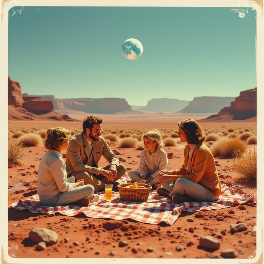 Family Picnic on Mars, Vintage Polaroid Style