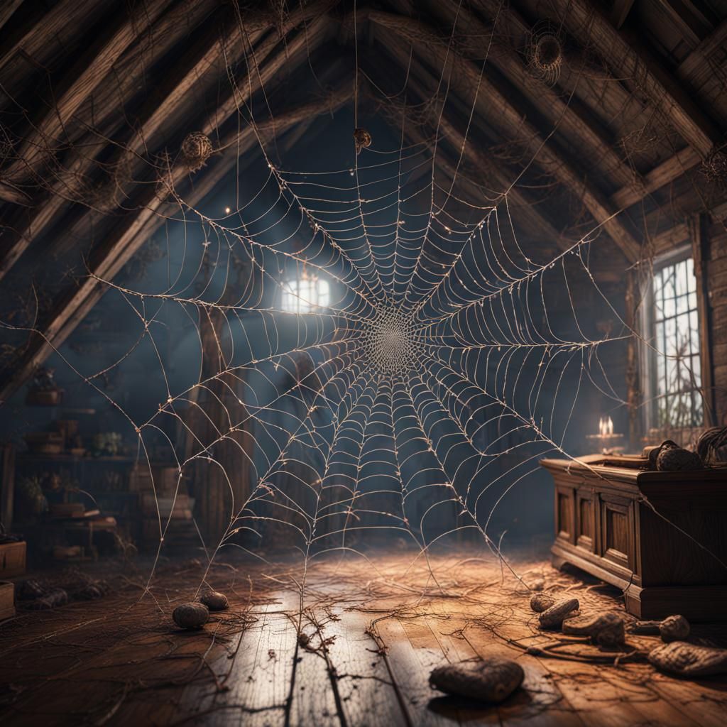 Intricate Spiderwebs in Abandoned Attic: Fantasy Art