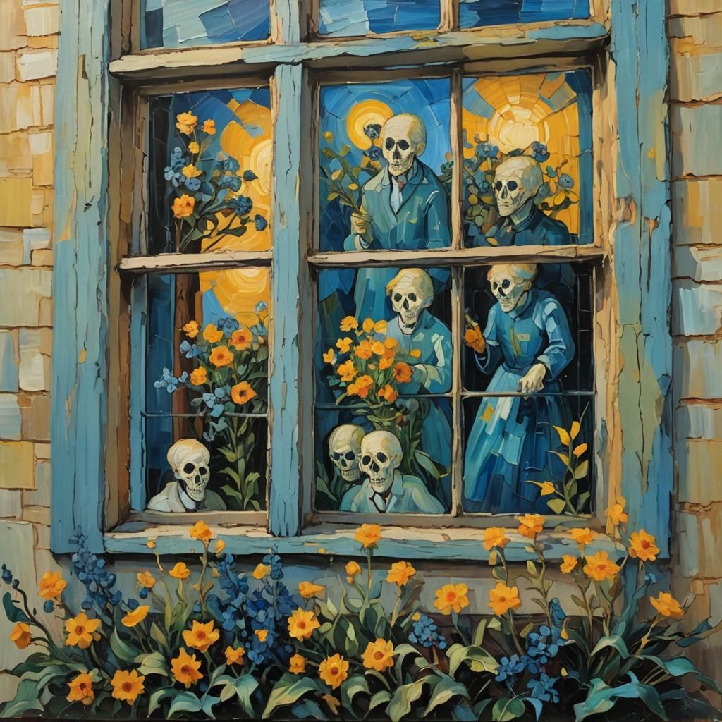Ghostly Figures in Windows: Expressionist Oil Painting