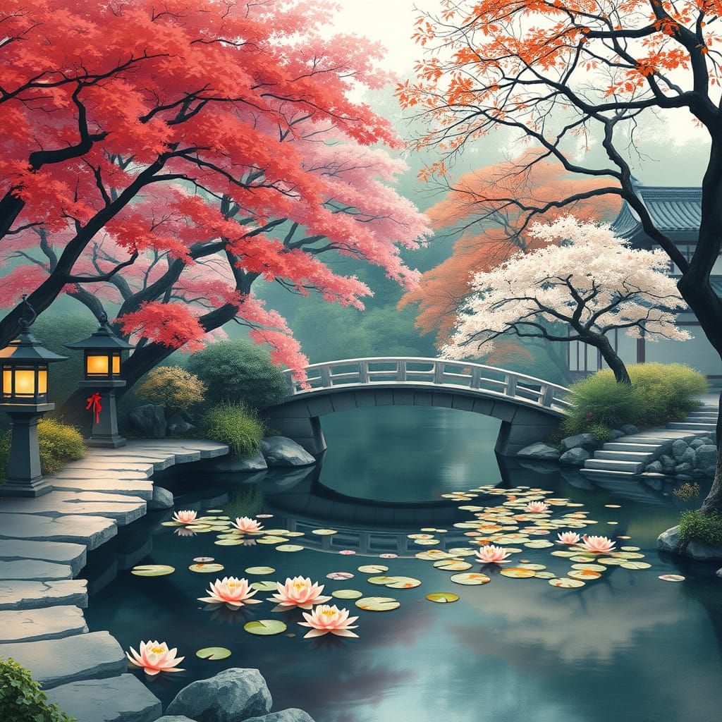 Traditional Japanese Garden Scene in Soft Watercolor