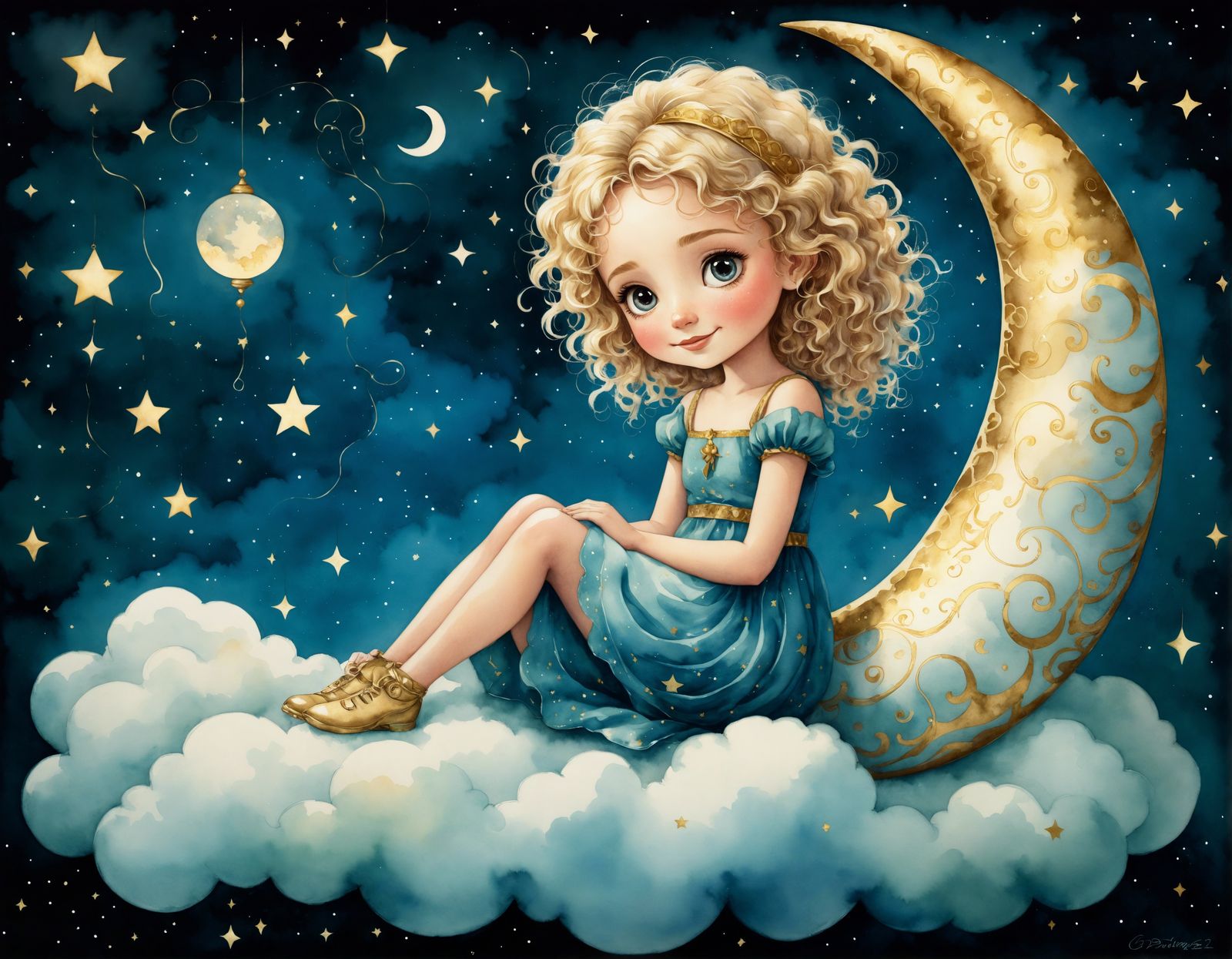 Whimsical Girl on Crescent Cloud in Watercolour Style