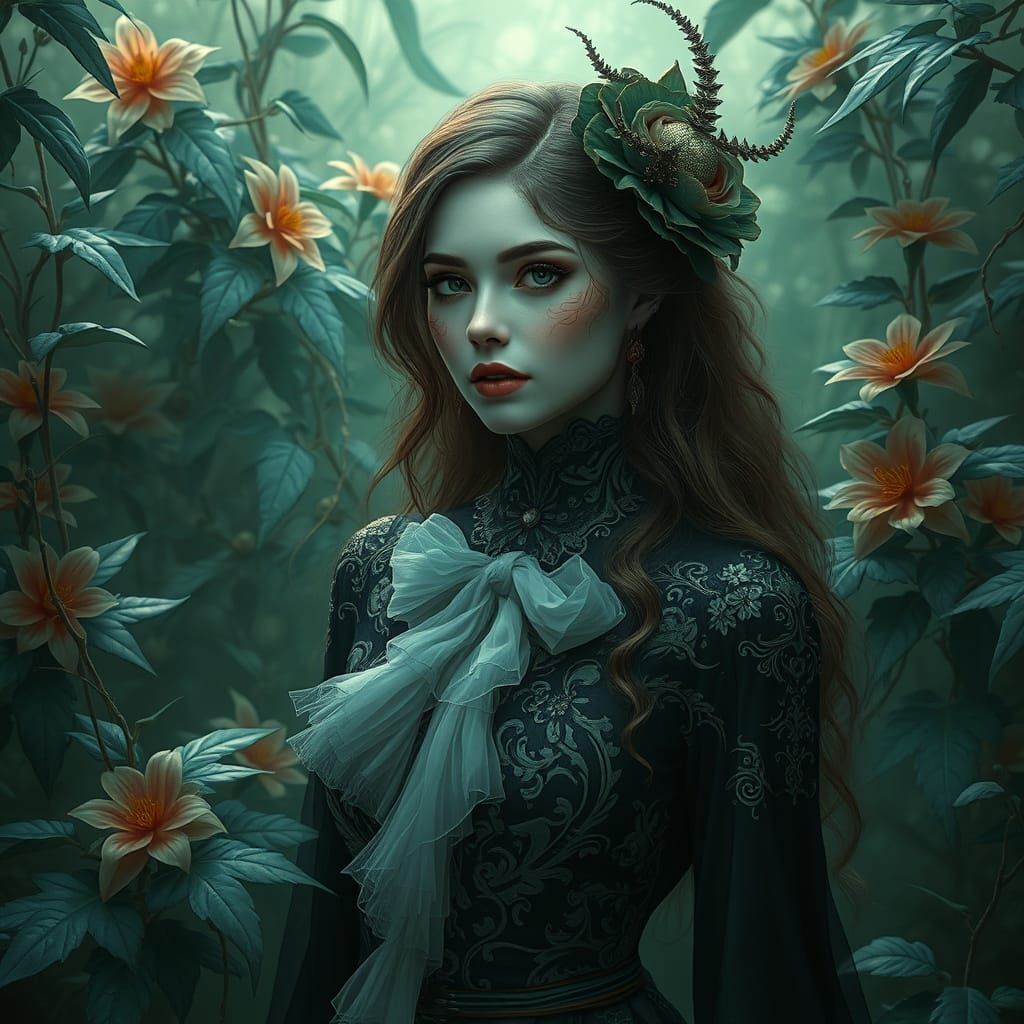 Mysterious Enchantress in Lush Foliage