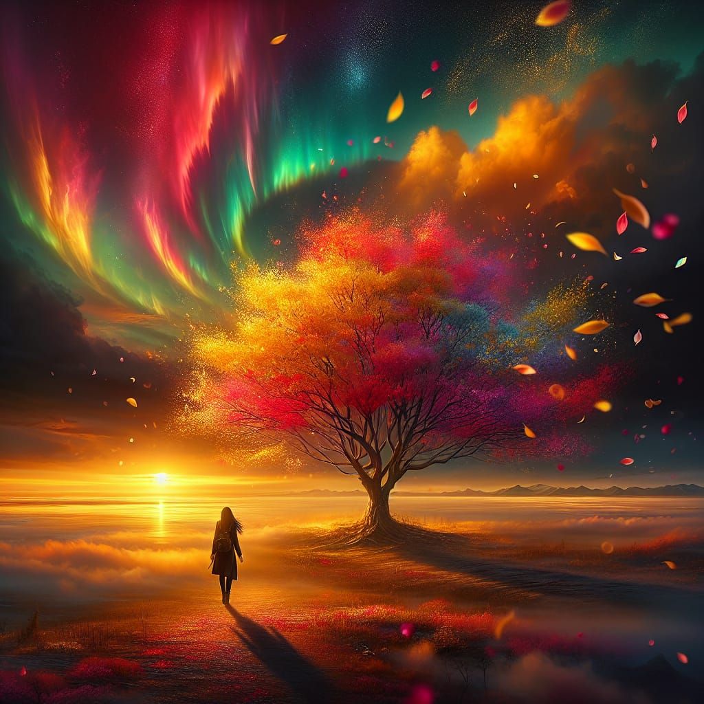 Asian Traveler at Sunset with Aurora Borealis