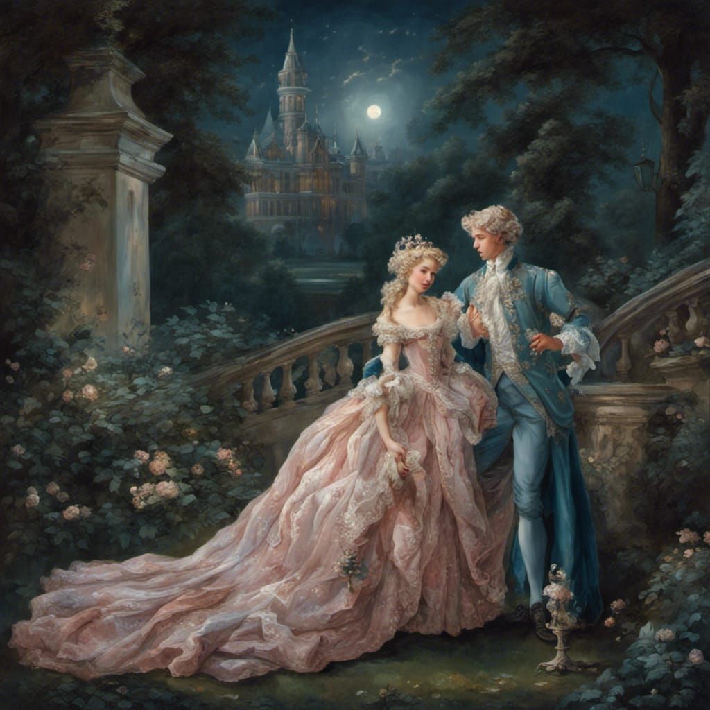 Princess and Prince in Rococo Garden at Night