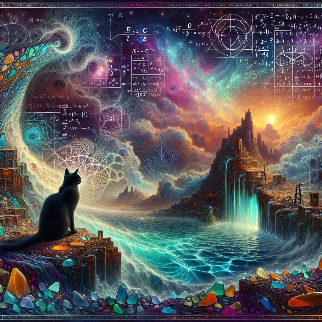 Surreal Math Landscape with Contemplative Black Cat