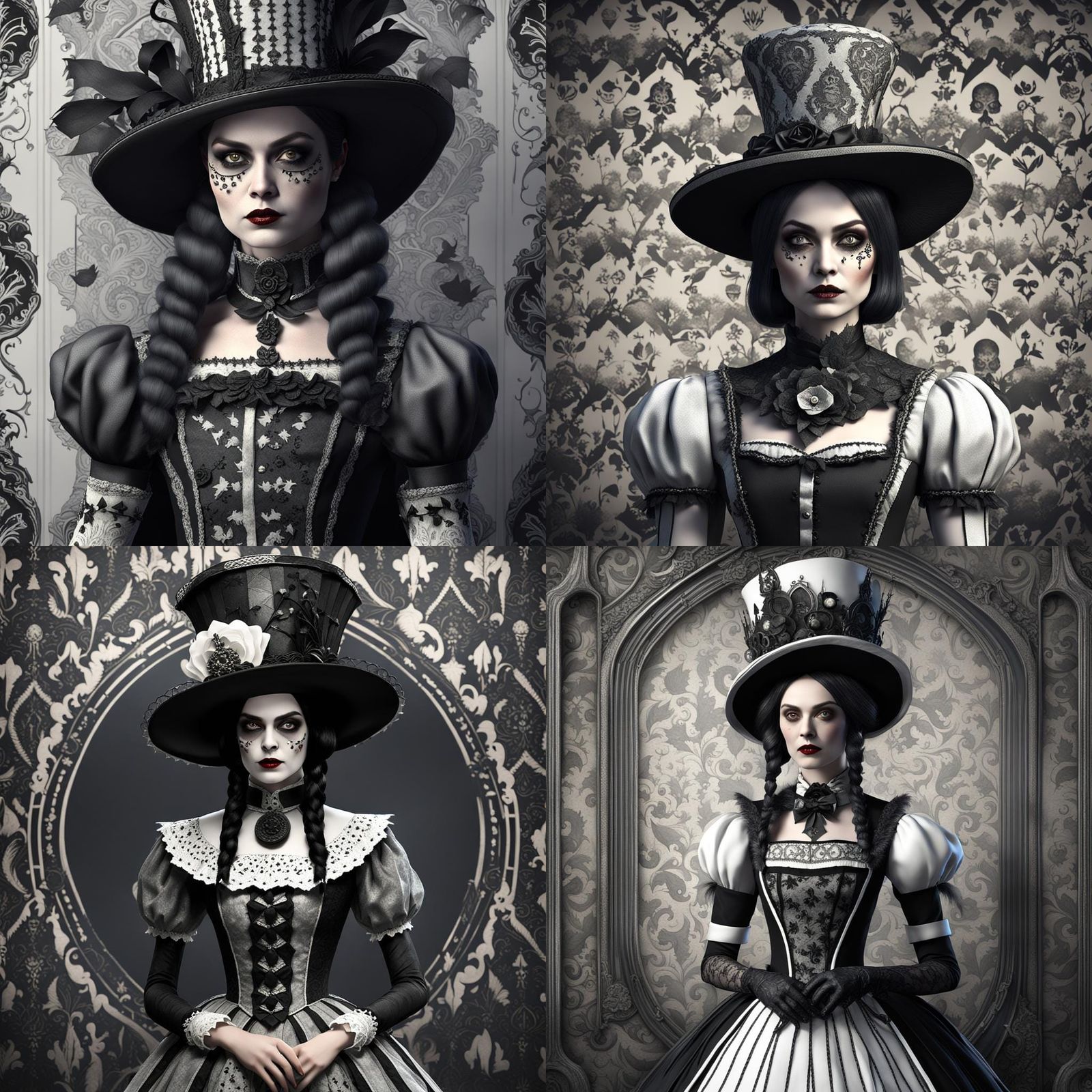 Gothic Spooky Halloween version of a 40 year old Wednesday Adams queen of spades in an elegant