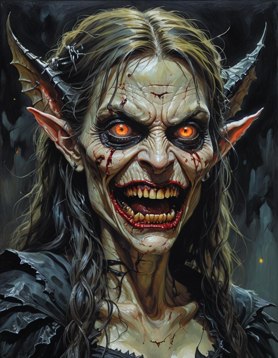 Gothic Vampire Fairy with Glowing Eyes Oil Painting